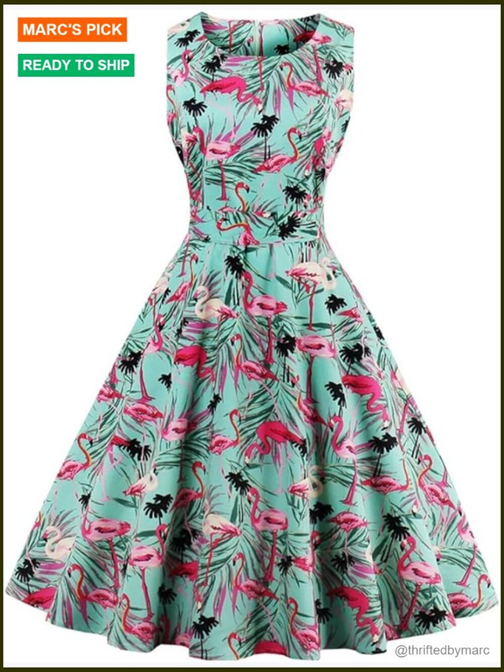 Vintage Tropical Leaf Flamingo Swing Dress Sleeveless Knee-Length Fit Flare